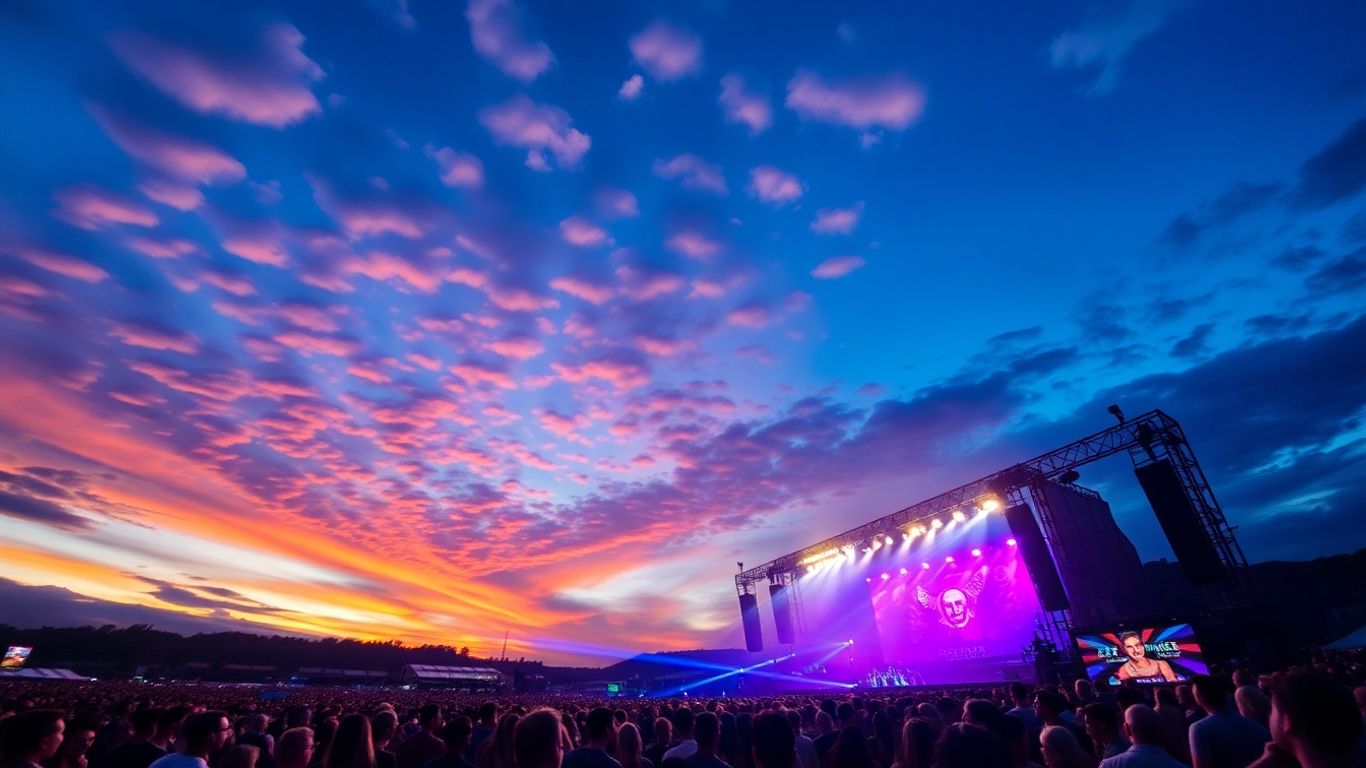 UK festival scene with crowds and stage lights.