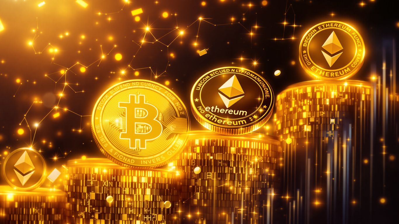 Golden Bitcoin and Ethereum coins rising with digital currency streams.