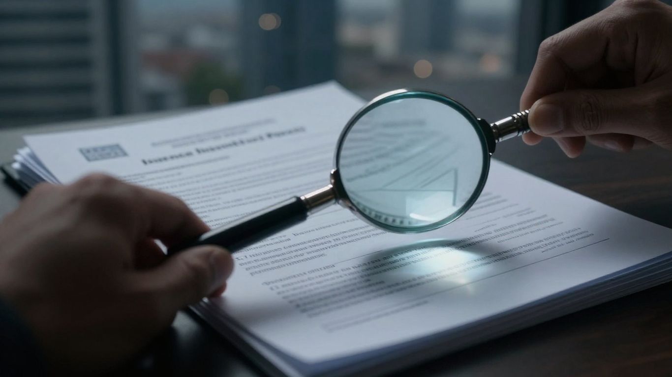 Shadowy figure with fake document over insurance policies.