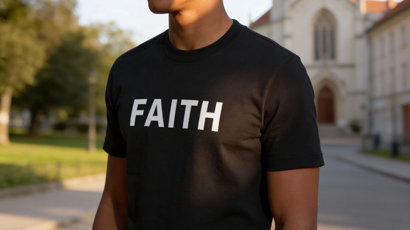 Person wearing 'FAITH' shirt standing outside near a church.