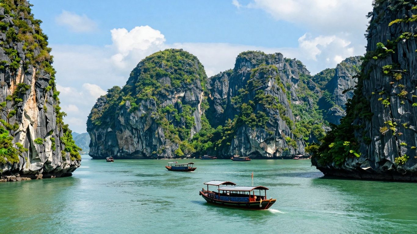 Ha Long Bay, Vietnam with limestone karsts and boats.
