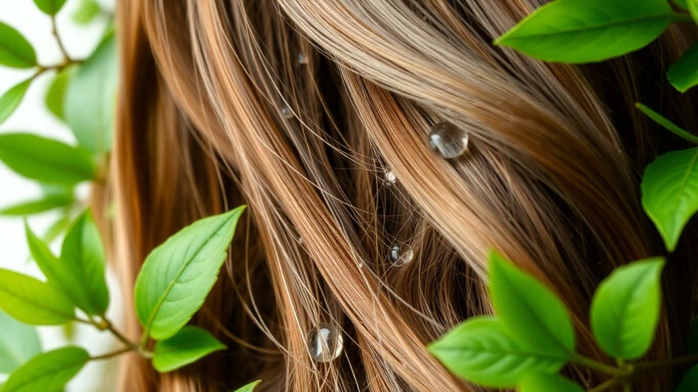 Gesundes Haar mit Wassertropfen und Blättern