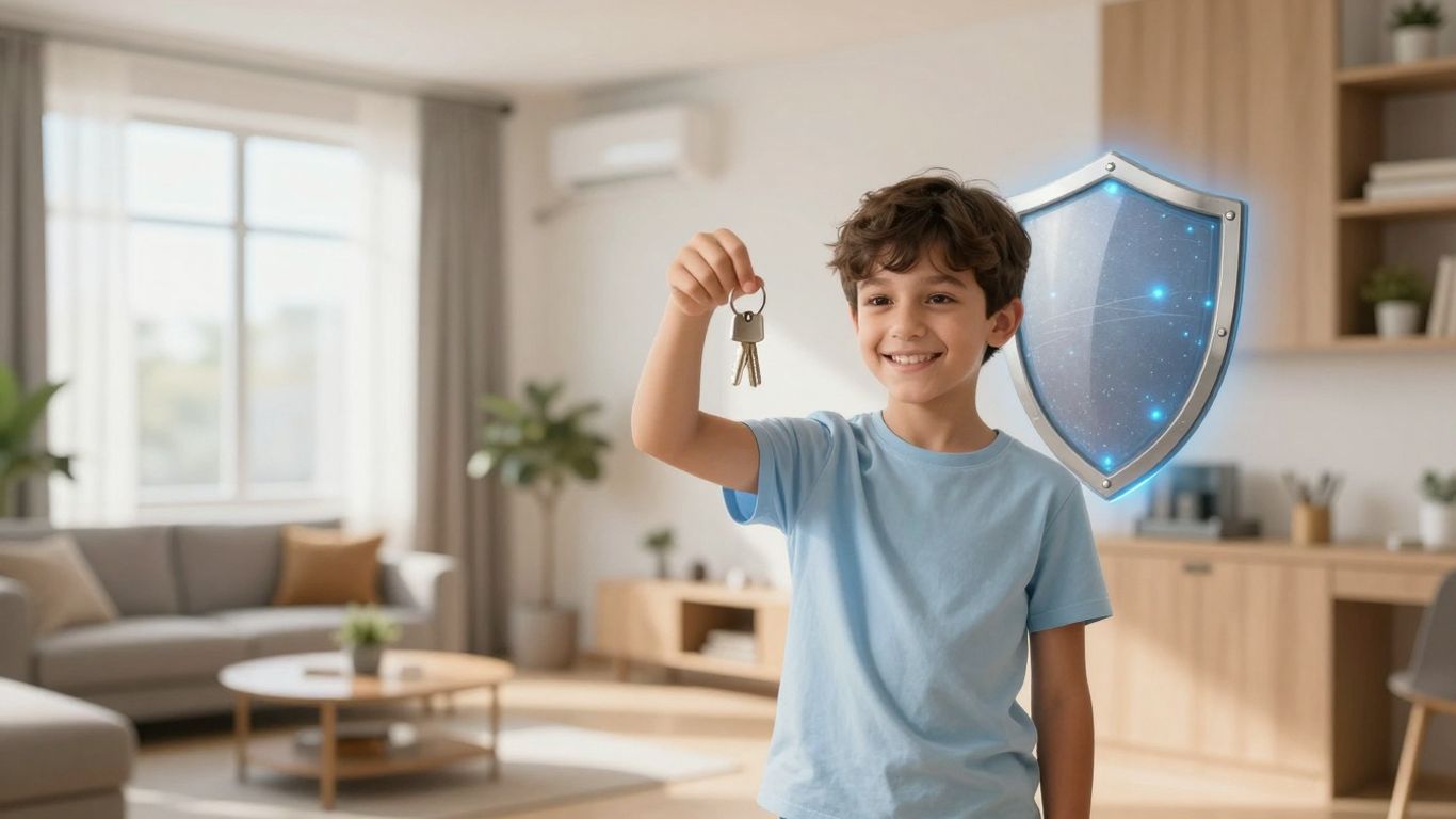 Estudiante feliz con llaves y escudo protector sobre su apartamento.