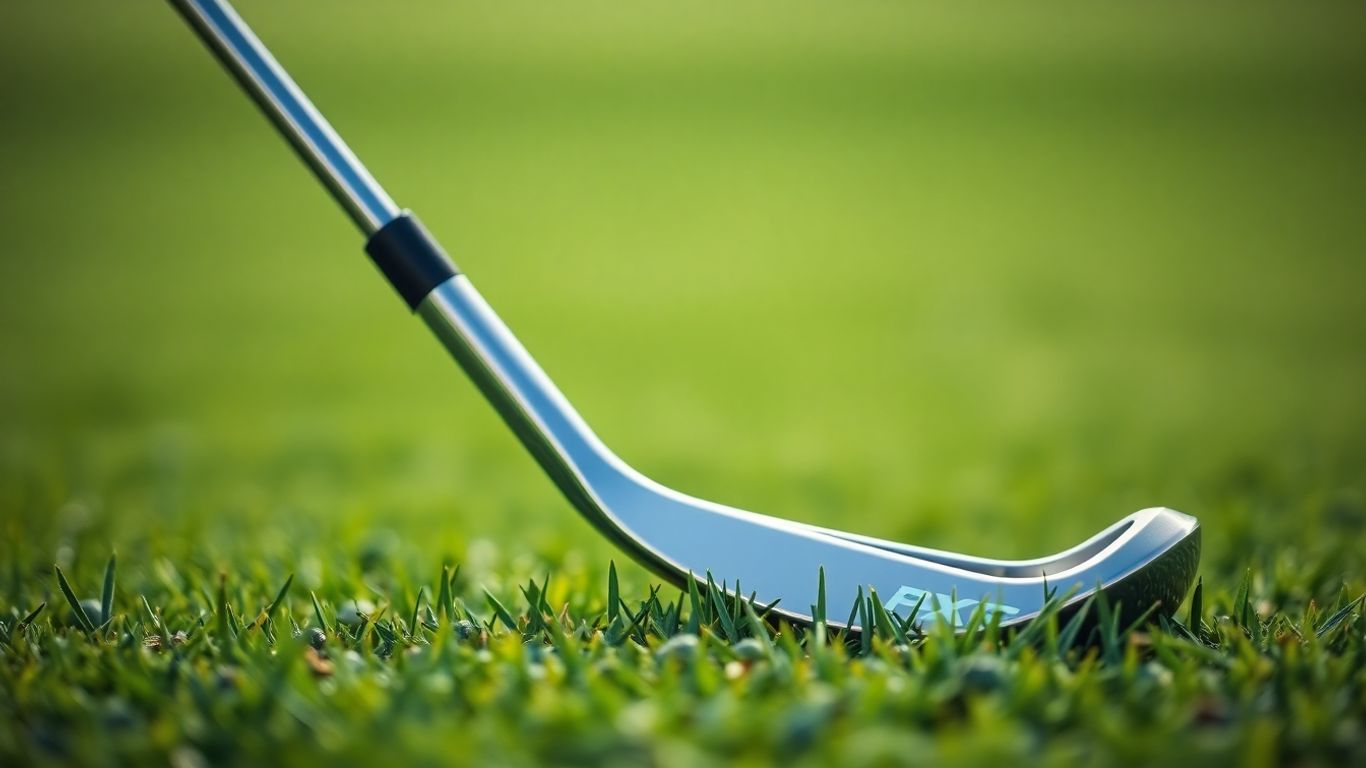 Left-handed PXG golf club on a green golf course.
