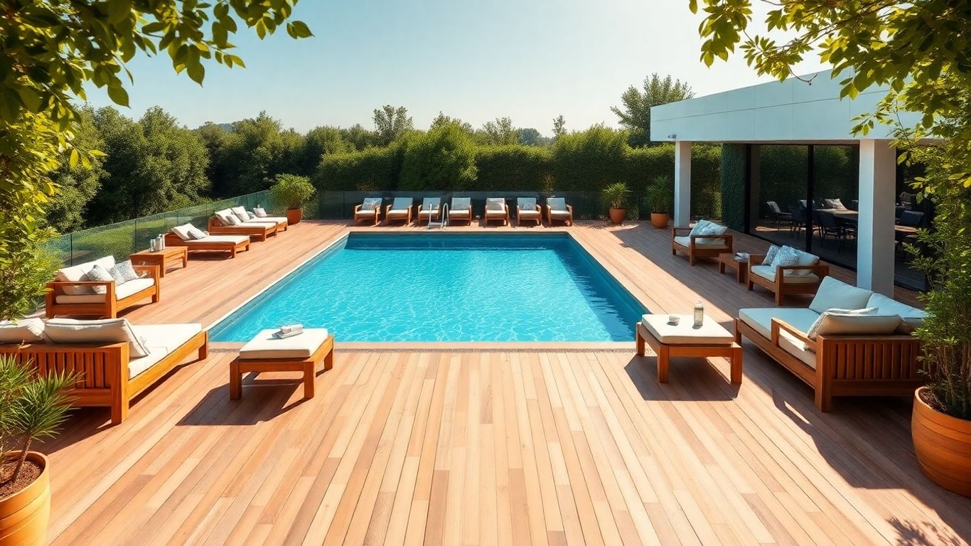 Poolside deck with seating and natural wood finish.
