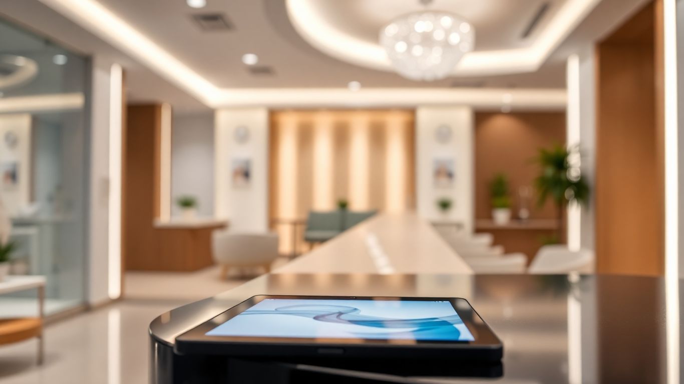Modern medspa reception with digital tablet.