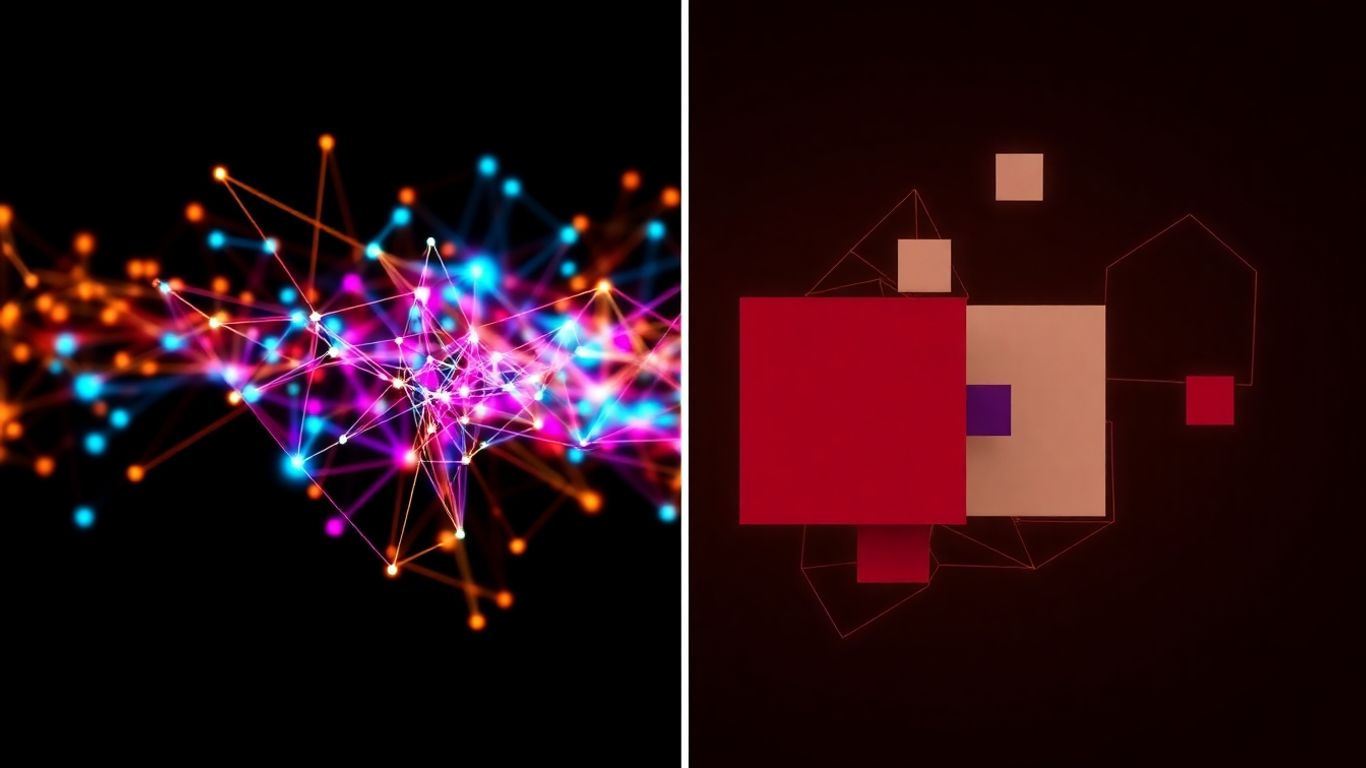 Abstract visual of split screen with patterns and shapes.