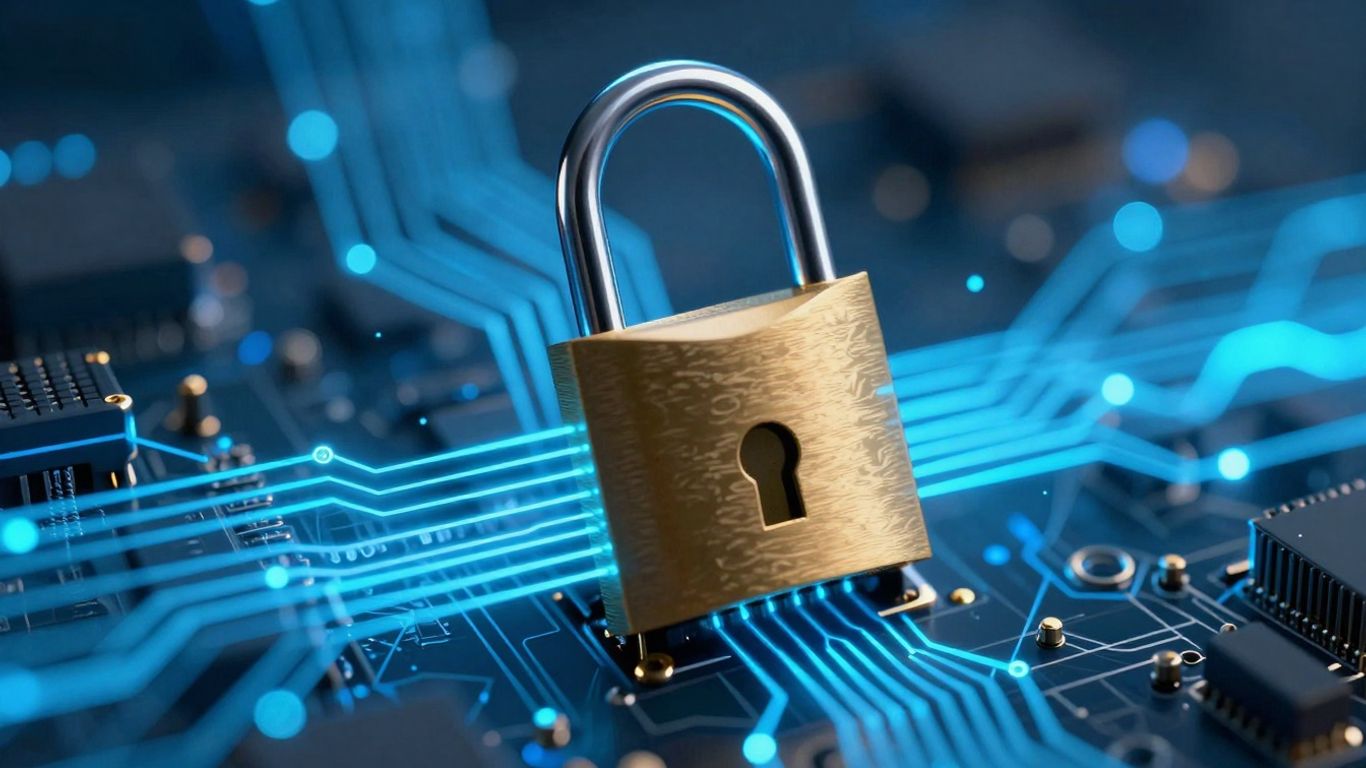 Digital padlock securing a circuit board with glowing code.