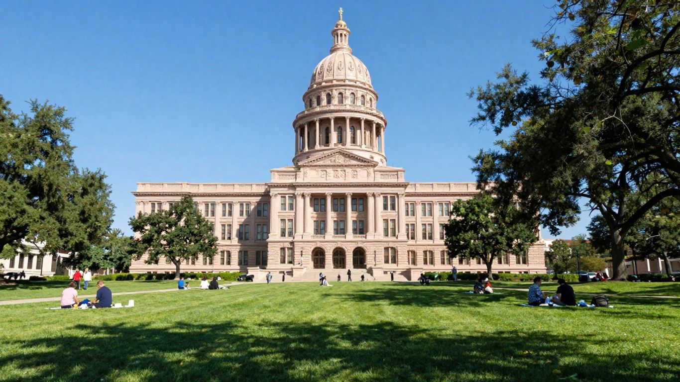 Texas State Capitol building with green lawns and picnic-goers.