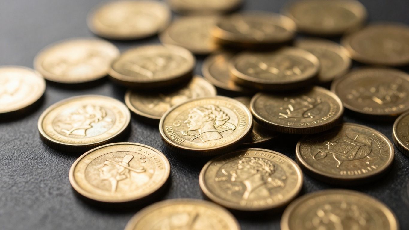 Gold coins, some appearing as scrap, scattered on a surface.