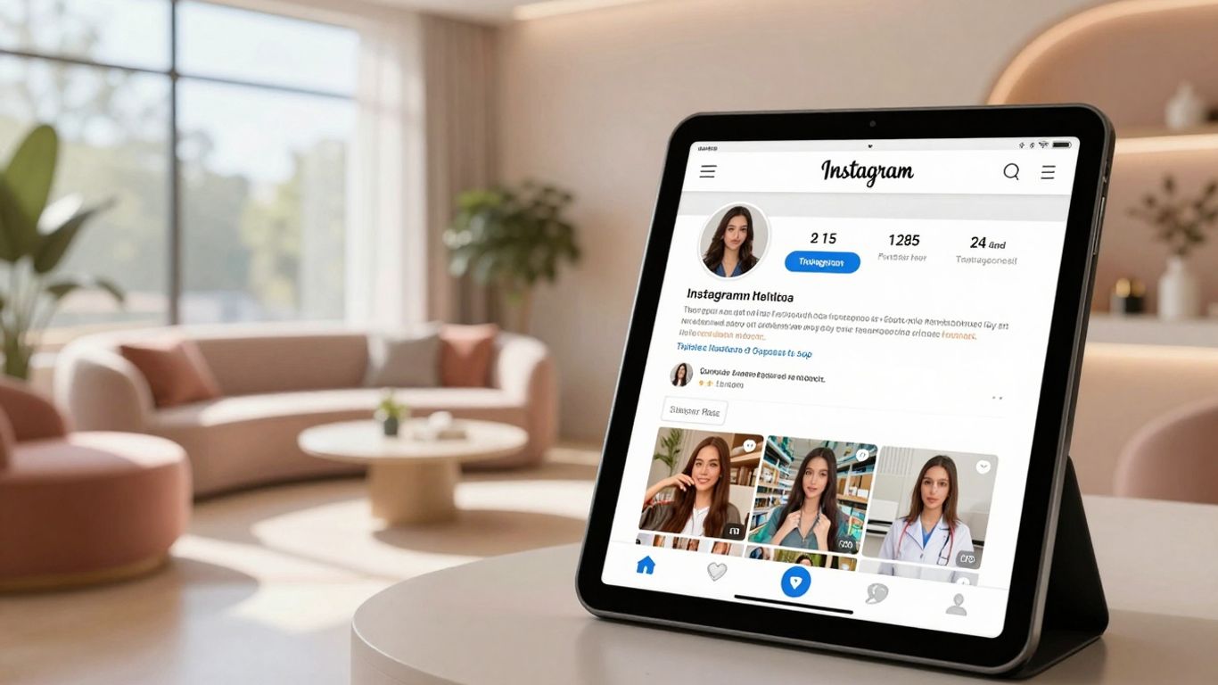 Modern medspa interior with Instagram feed on tablet.