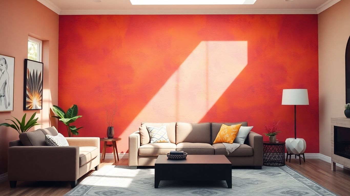 Boldly colored accent wall in a sunlit living room.