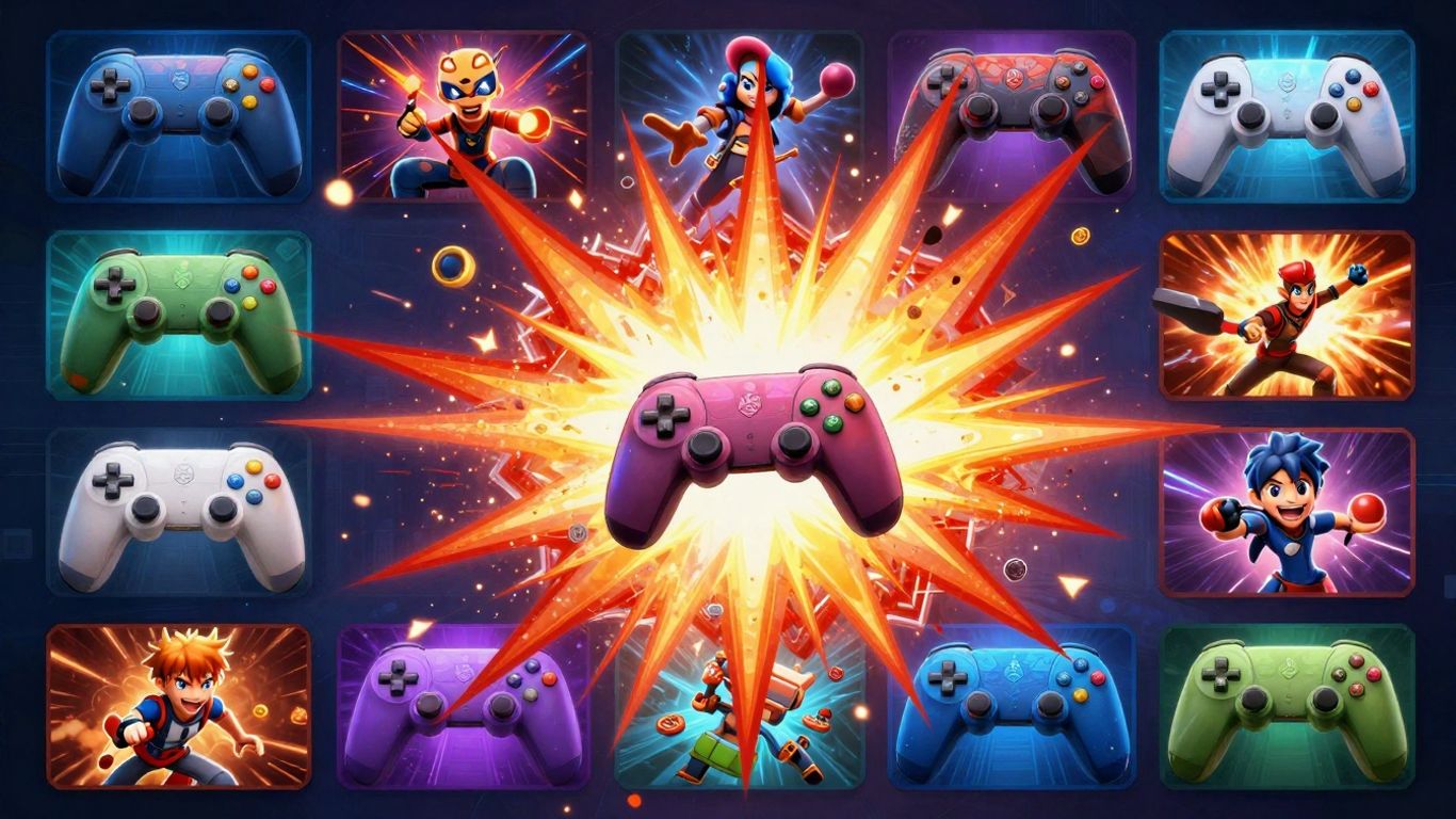 Collage of game icons and characters, vibrant and energetic.