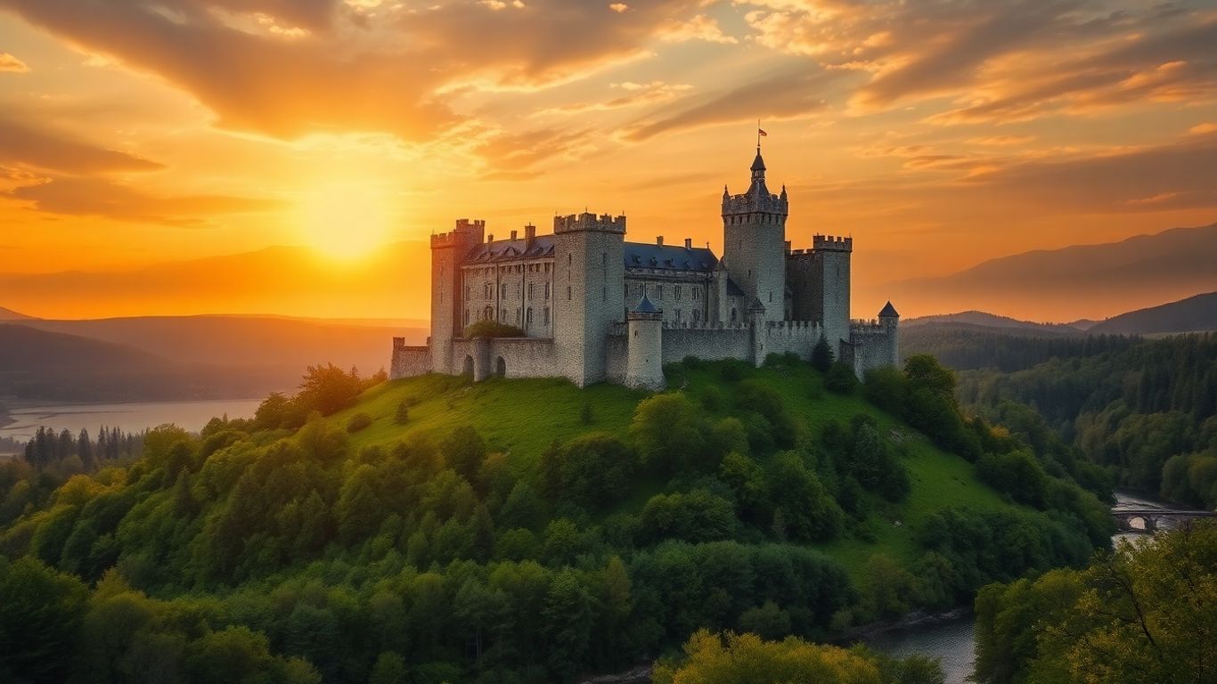 Mächtige Burg auf einem Hügel im Sonnenuntergang