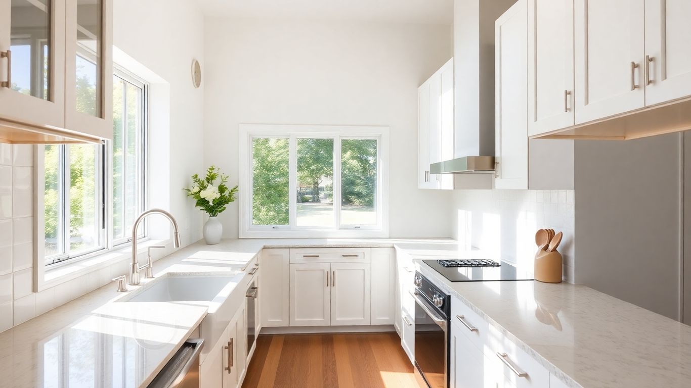 Modern kitchen remodel with sunlight and new cabinets.