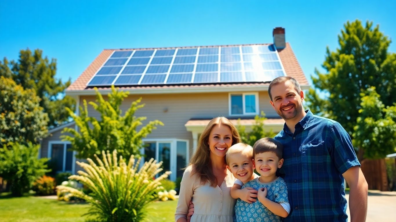 Family in front of solar-powered home.