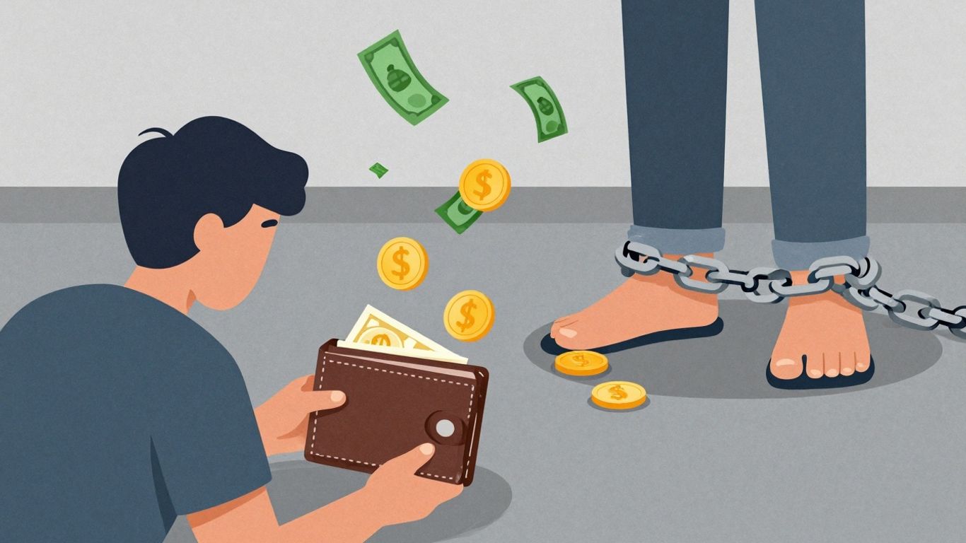 Pessoa com carteira vazia e quebrando correntes financeiras.