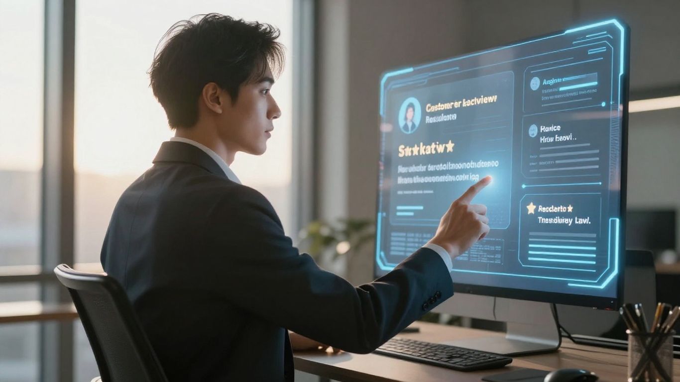 Person engaging with online customer feedback on a digital screen.
