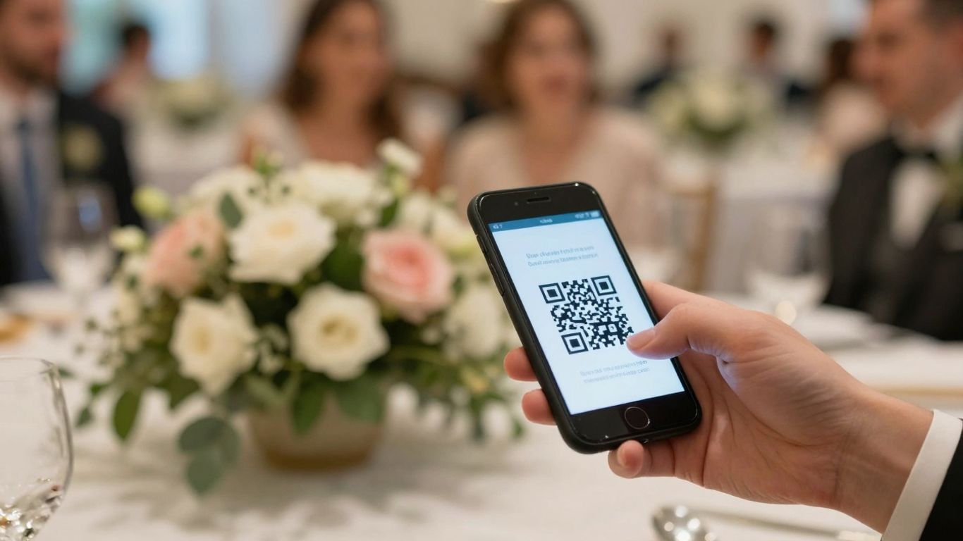 Wedding QR code on phone at reception table.