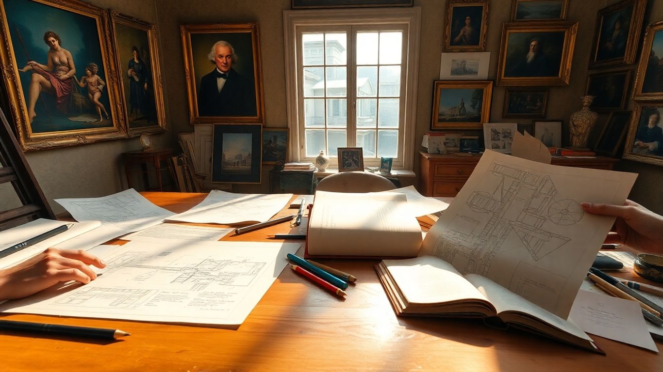 Creative workspace with sketches, books, paintings, and blueprints.
