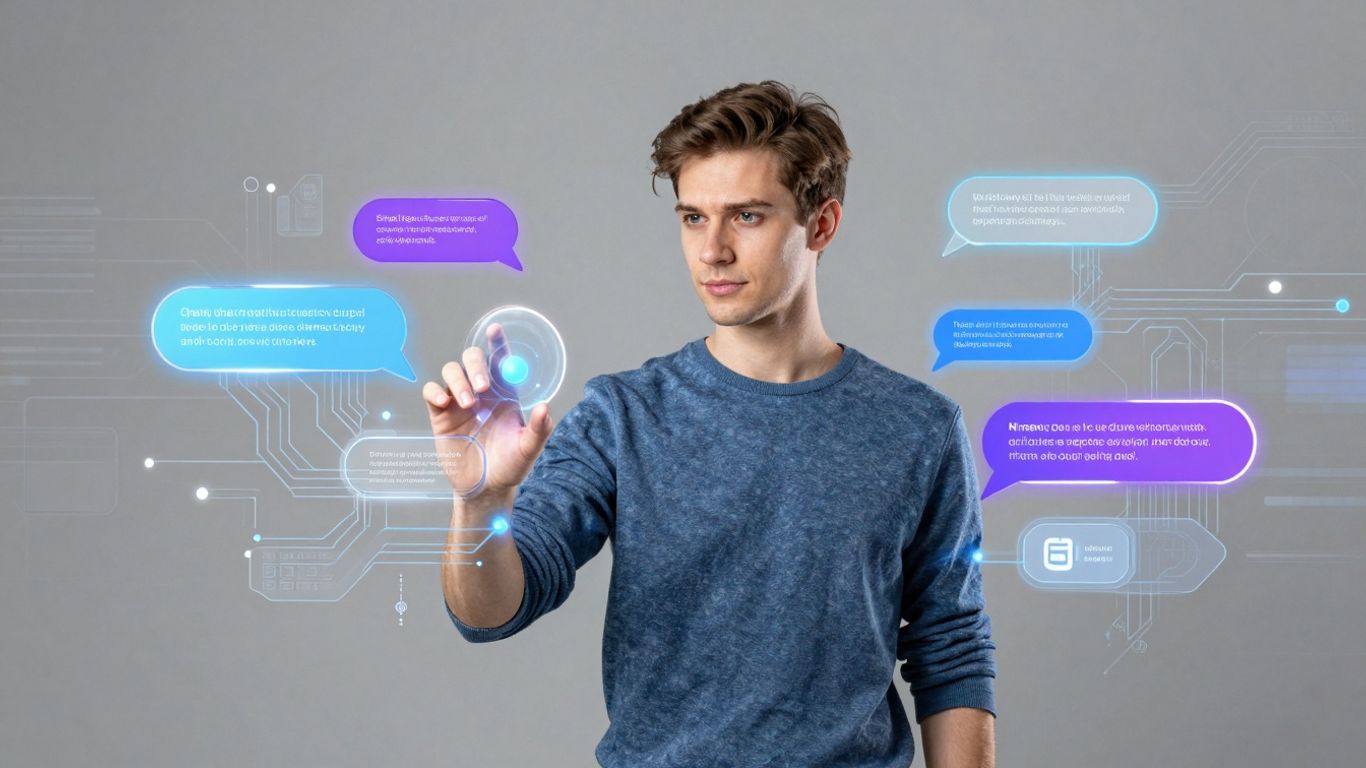 Futuristic AI chatbot infographic with glowing interface and data streams.