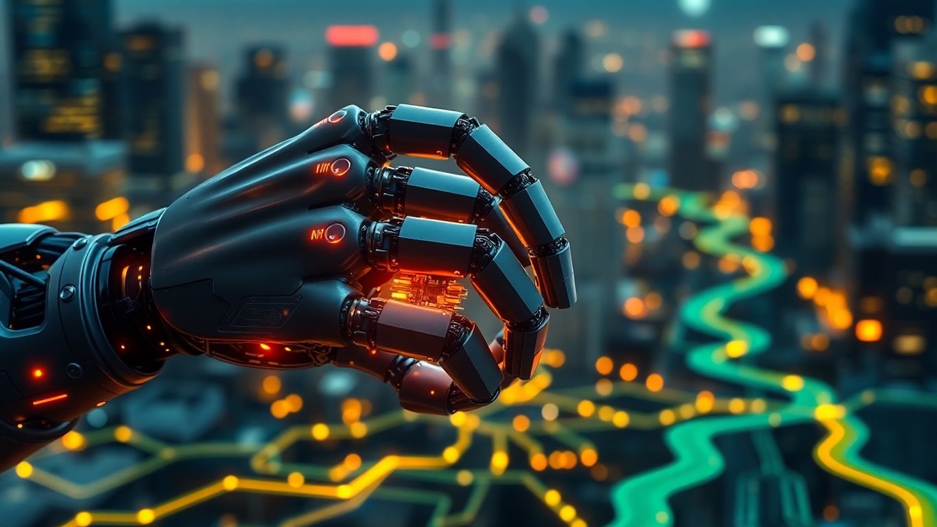 Robotic hand building circuits with code flowing around it.