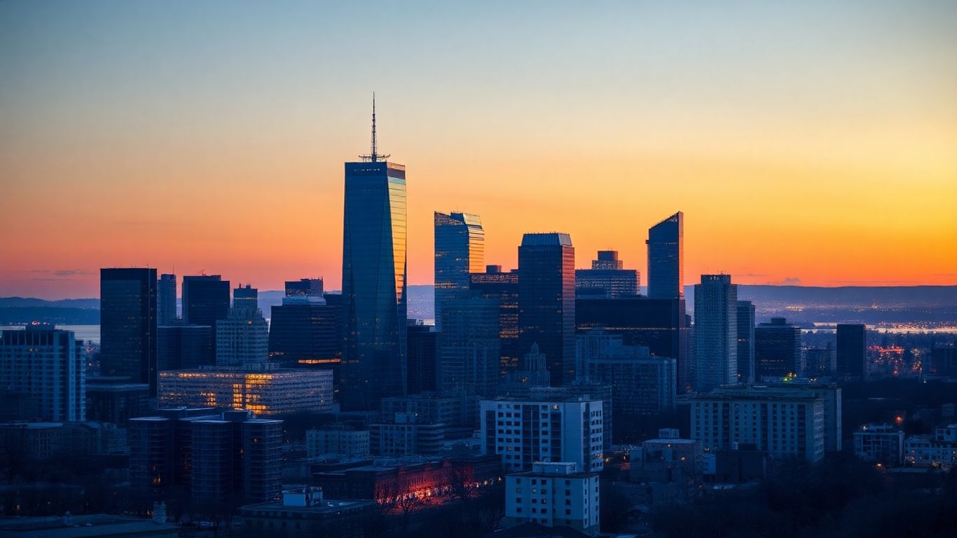 Stamford skyline at dusk, financial district