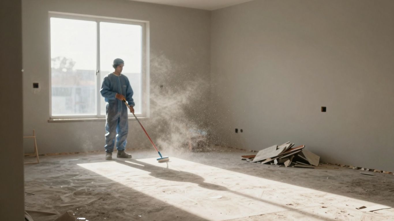 Dusty room after construction, cleaning in progress.