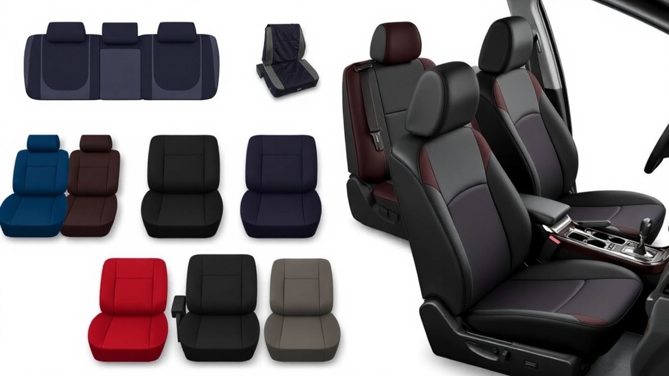 Capas de bancos automotivos sob medida em exposição.