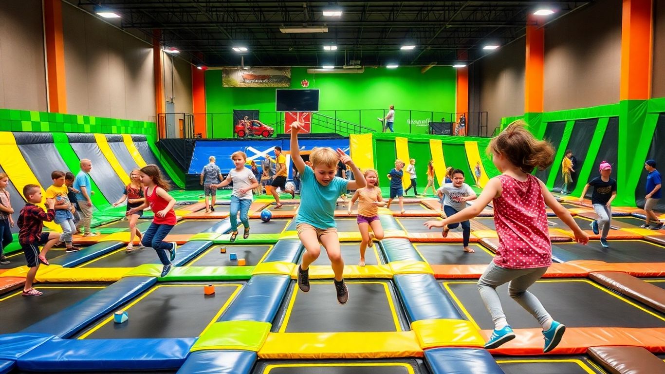 Kids bouncing on trampolines in indoor playcentre