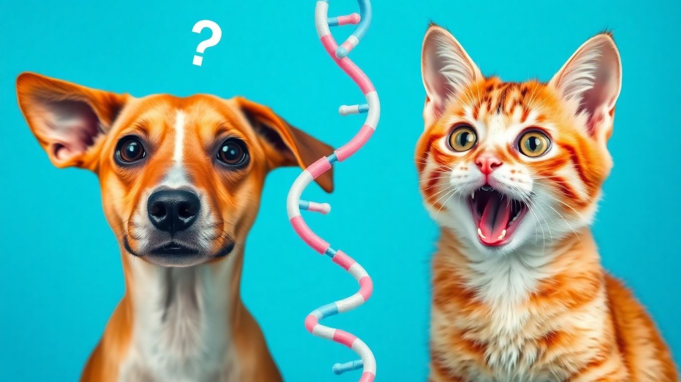 Dog and cat looking surprised at DNA helix.