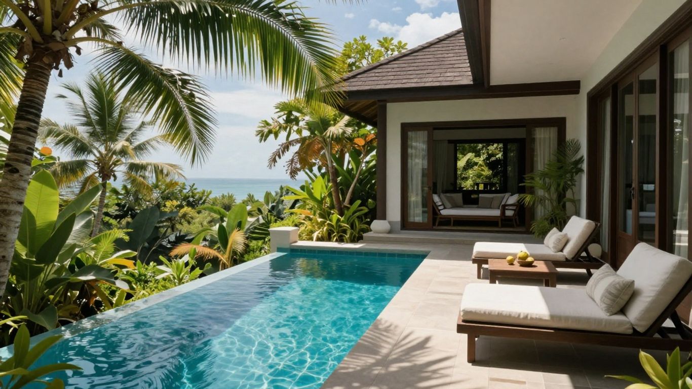 Balinese villa with pool and tropical plants.