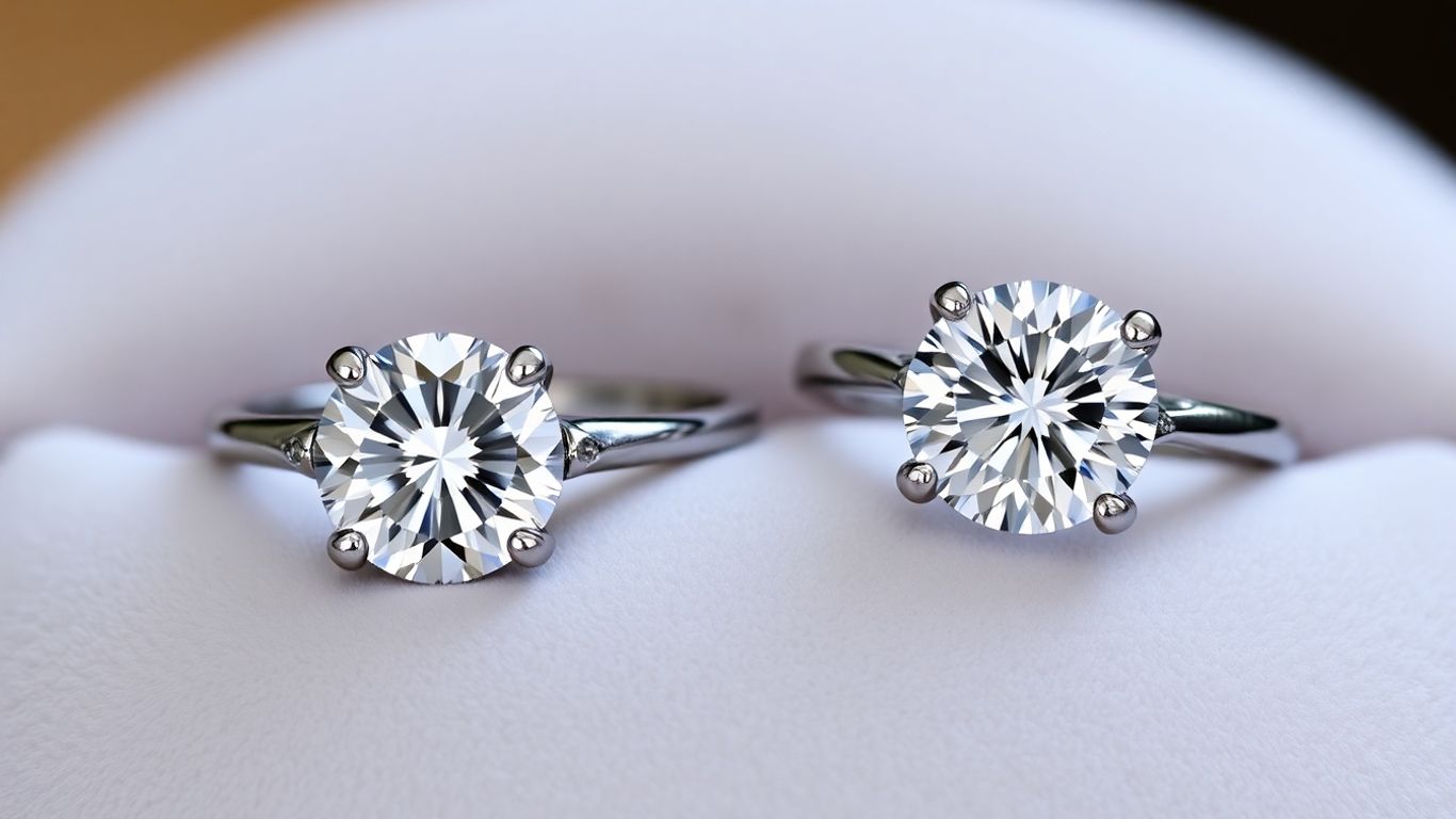 Moissanite ring next to diamond ring, side by side.