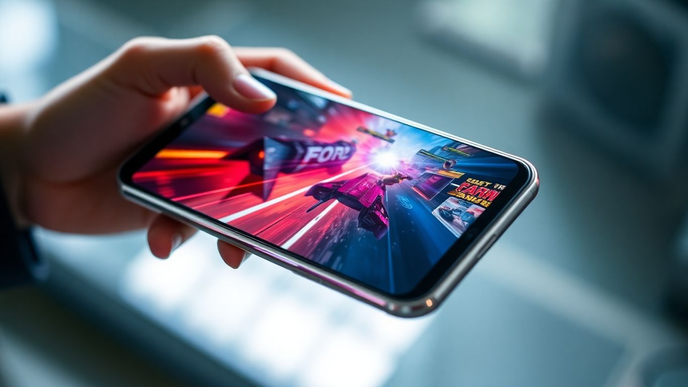 Celular moderno com gráficos de jogo vibrantes na tela.