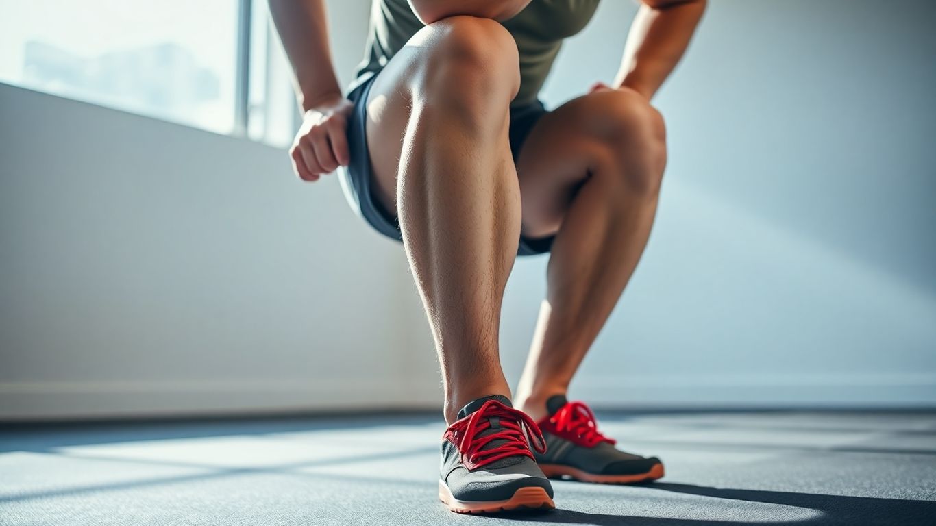 Person strengthening knee muscles with a squat exercise.