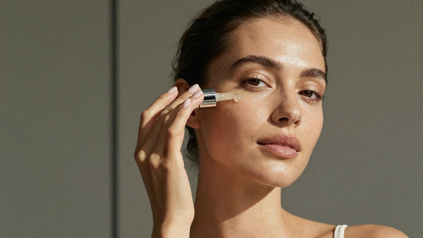 Femeie radiantă aplicând serum pe față.