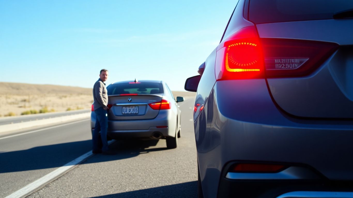 Car stopped on roadside during emergency, hazard lights flashing.