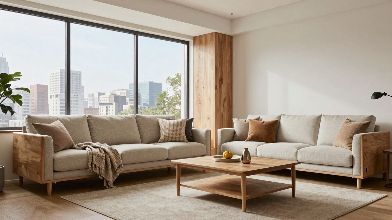 Modern Airbnb interior design with minimalist furniture and city view.