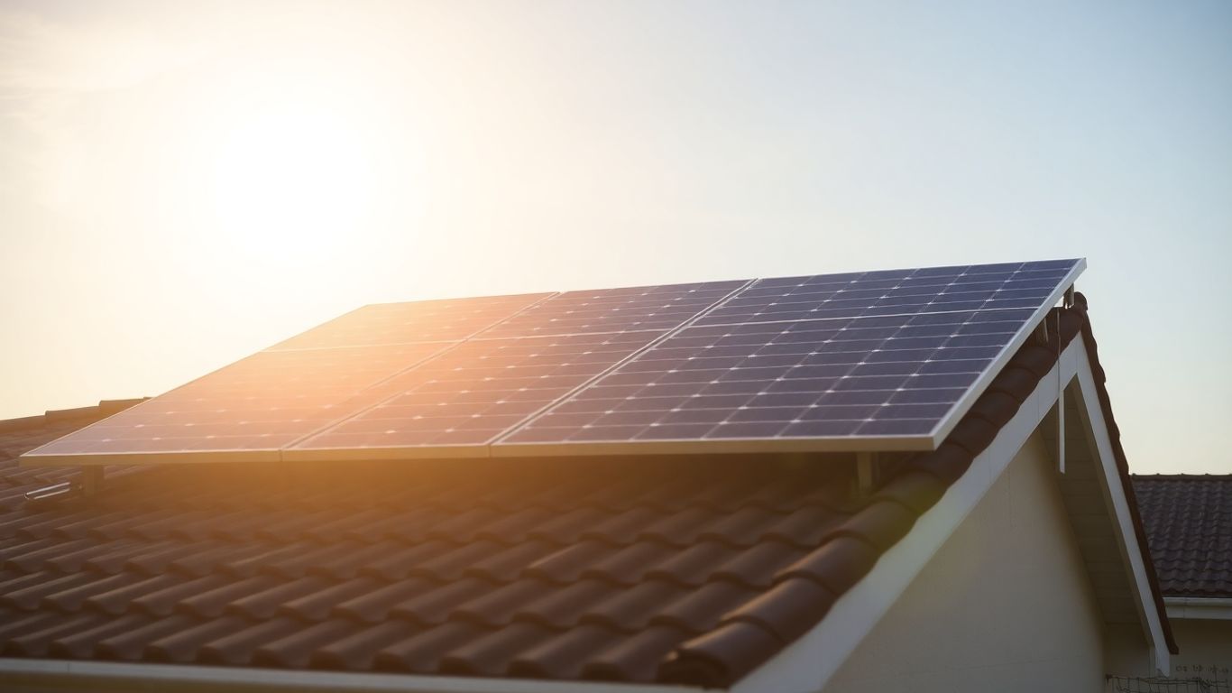 Solar panels on a residential rooftop under the sun.