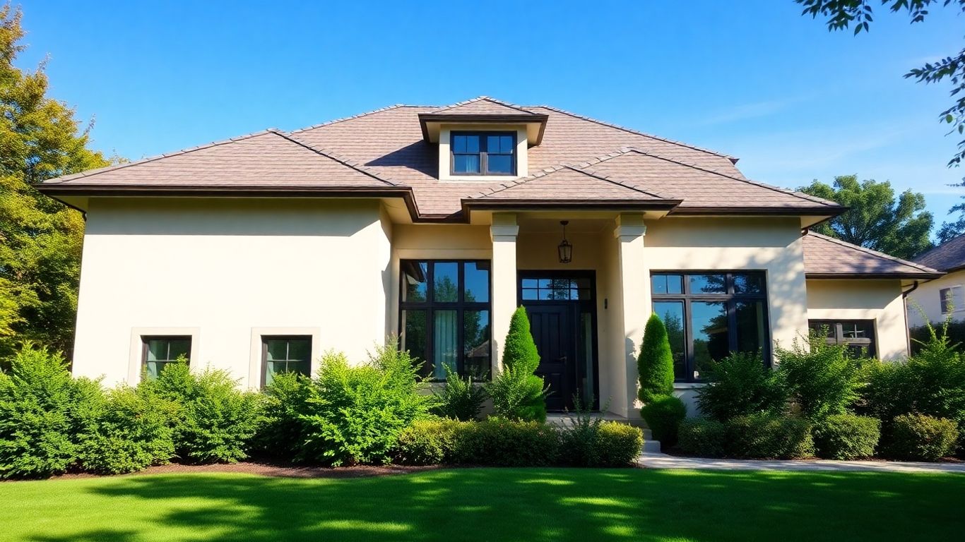 Casa moderna protegida bajo cielo azul.