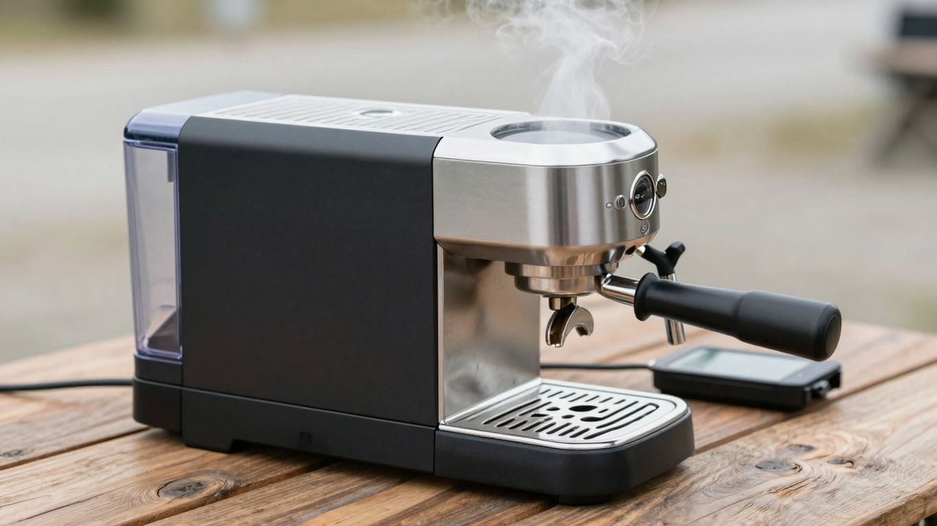 Outin Nano portable espresso machine on a wooden surface.