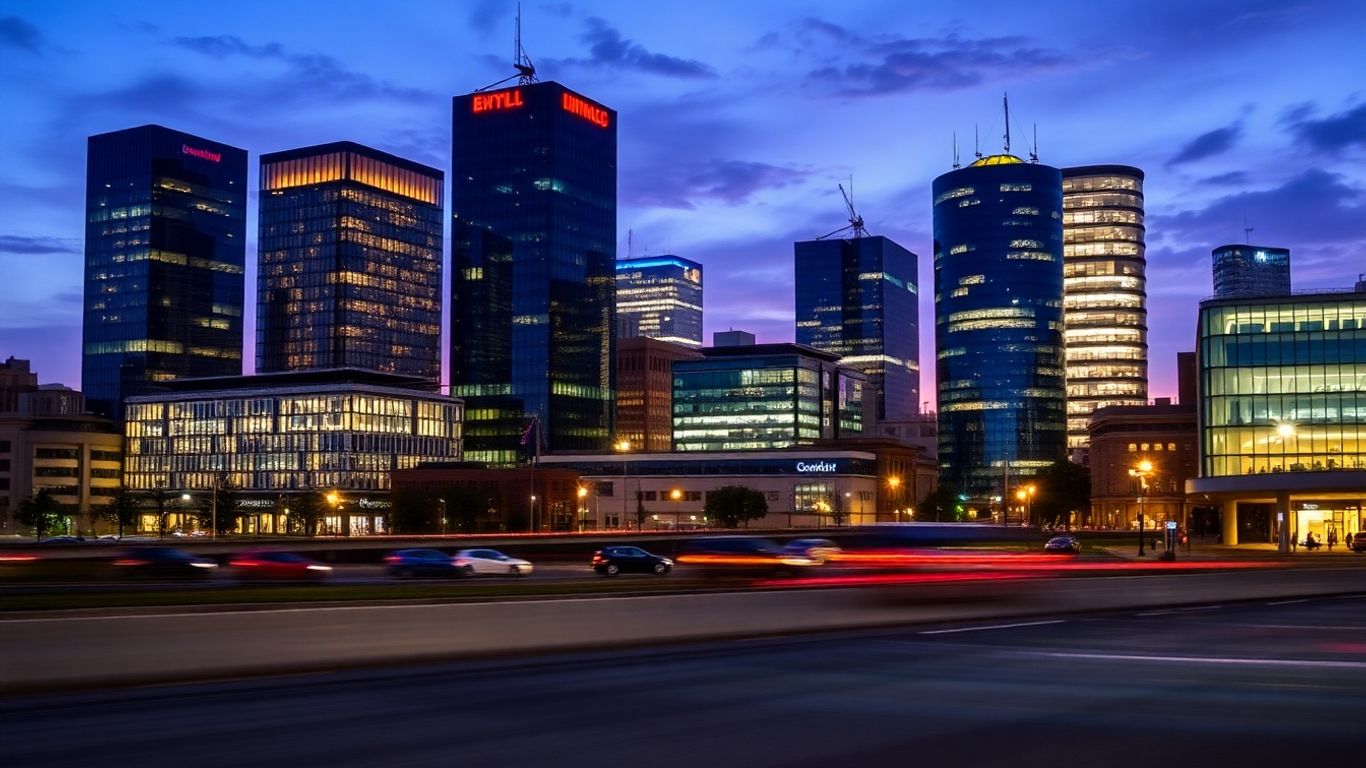 Birmingham cityscape at dusk with illuminated modern buildings.