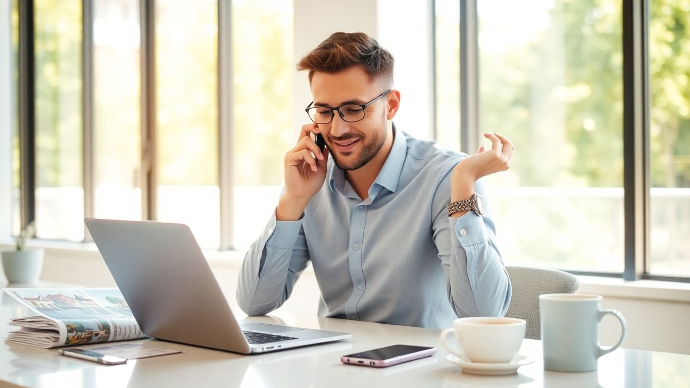 Real estate agent working fast in modern office.