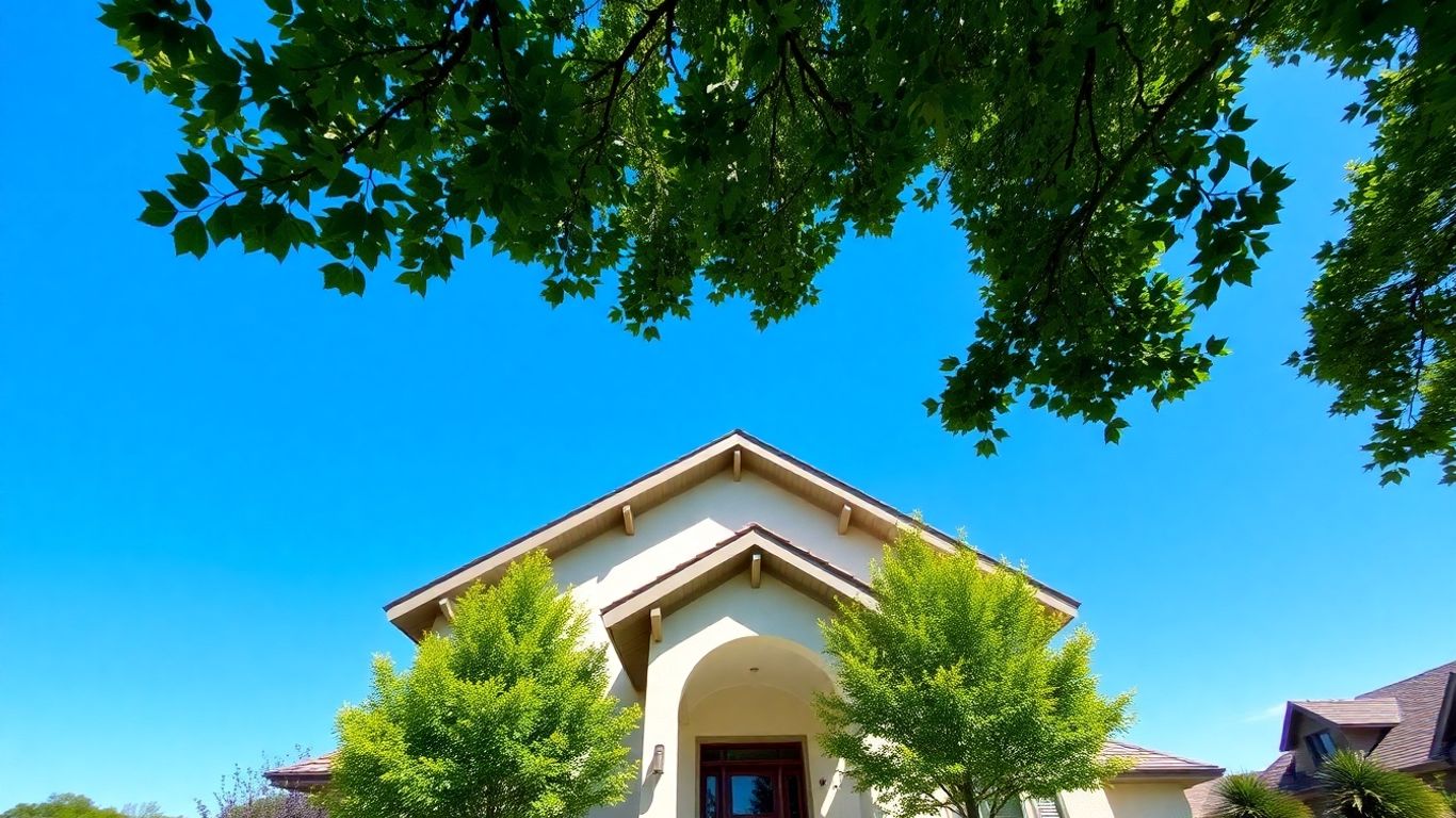 Haus mit Garten und blauem Himmel