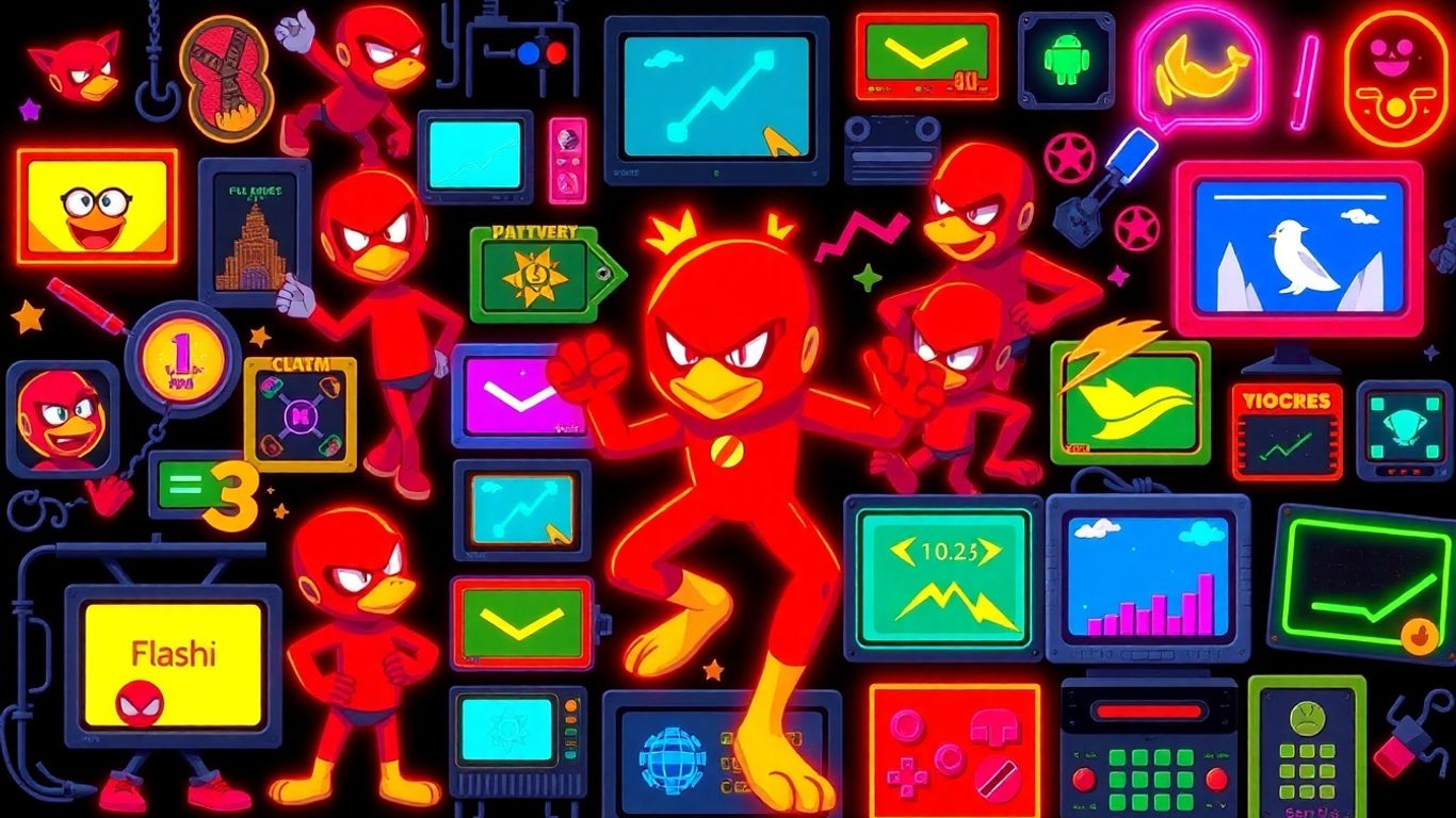 Collage of colorful retro Flash game characters and interfaces.