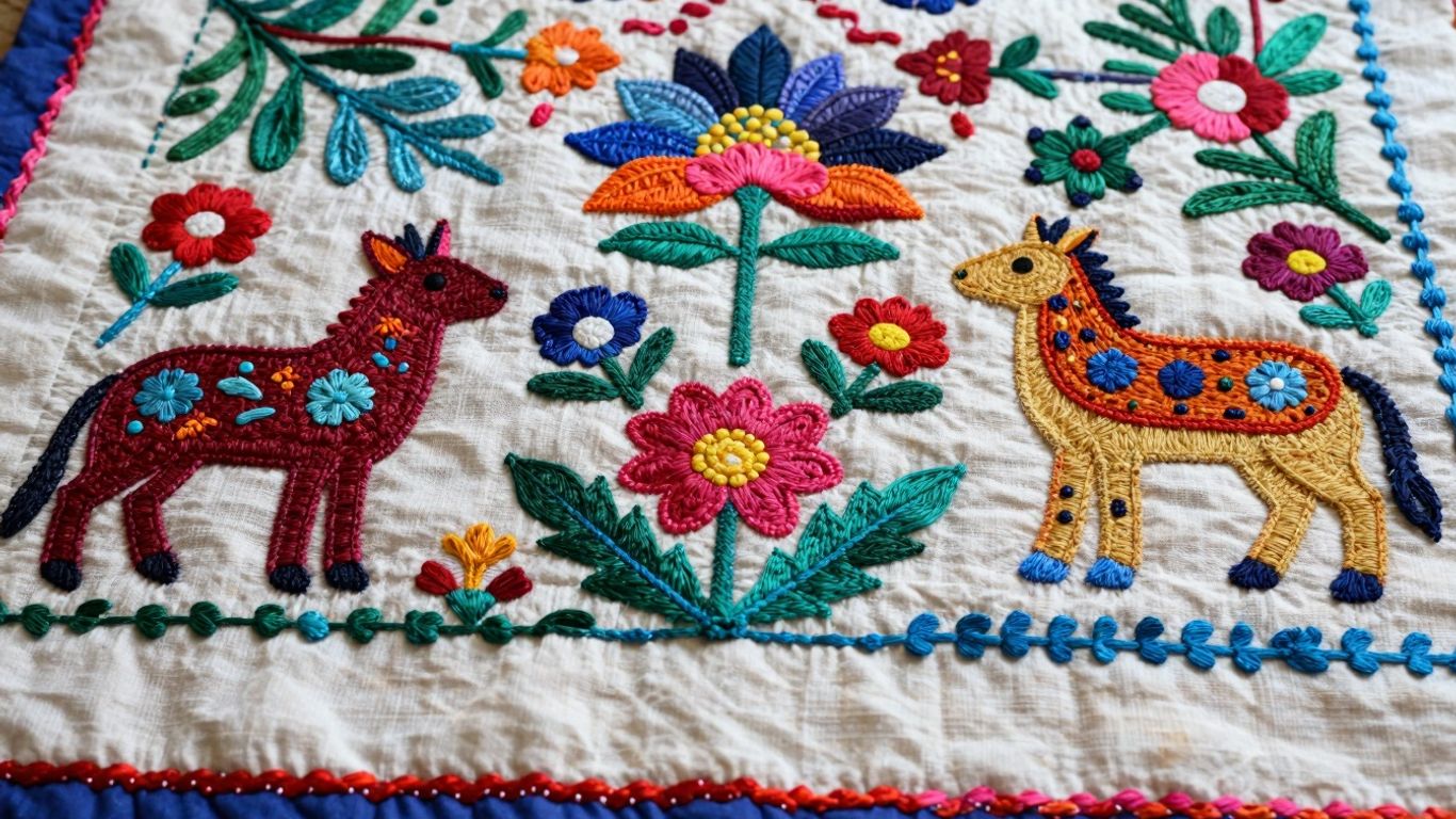 Colorful Nakshi Kantha quilt with intricate embroidery.