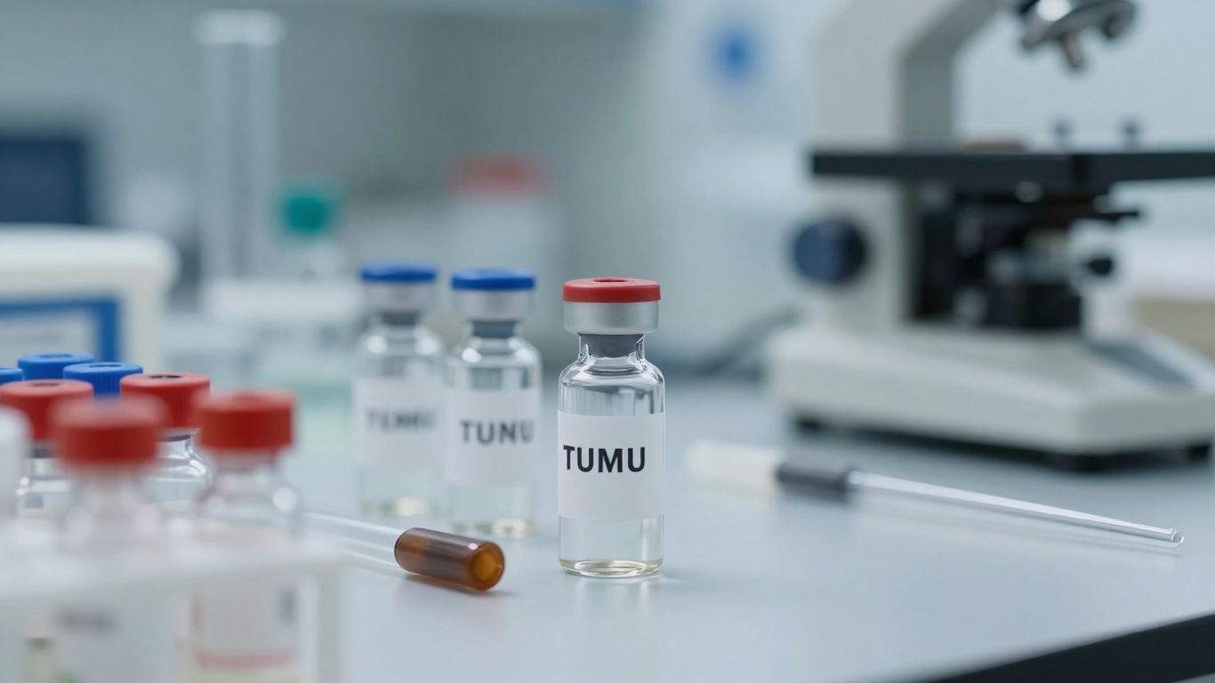 Medical vials and laboratory equipment in a sterile setting.