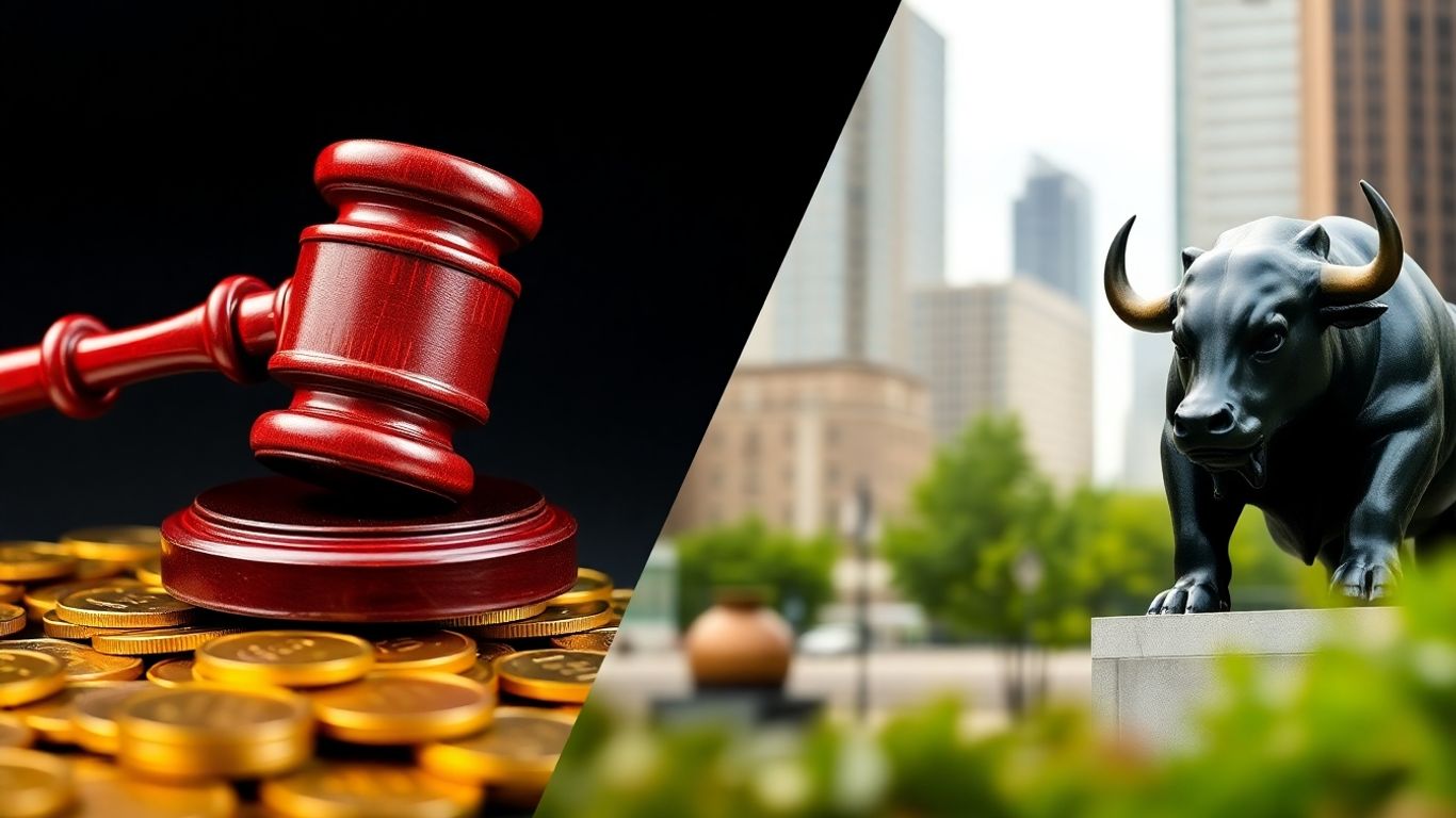 Gavel, digital coins, bull, bear statues, cityscape