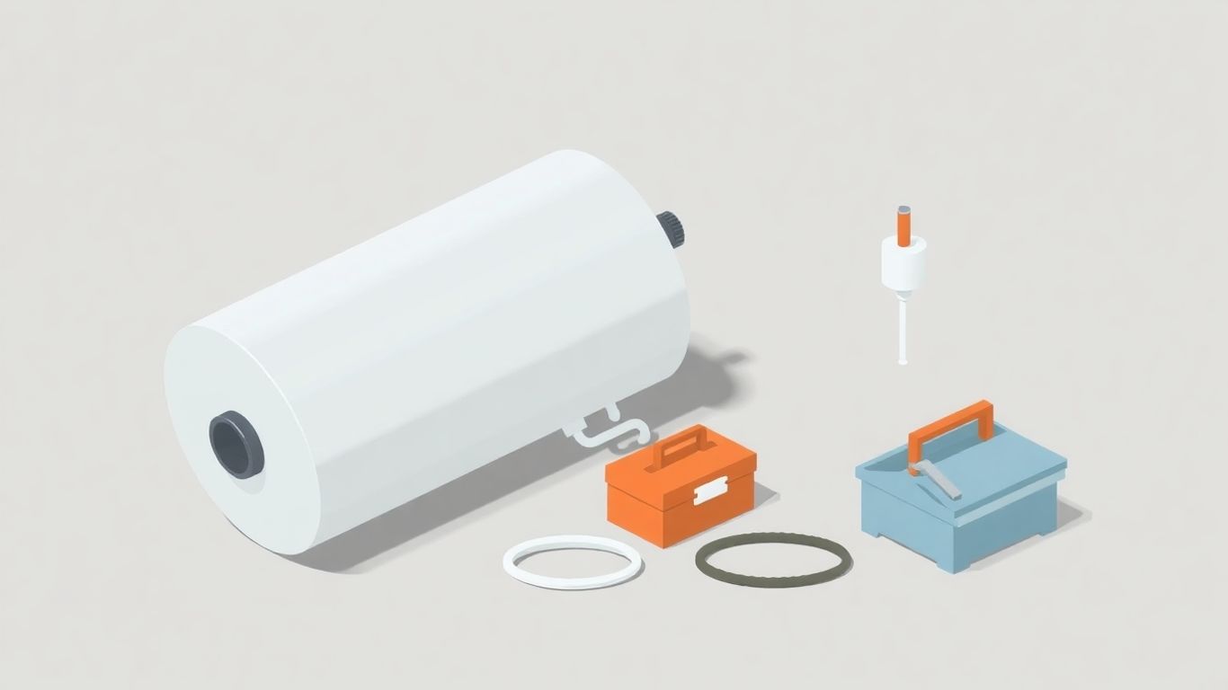 Water heater lying on its side, isometric view.
