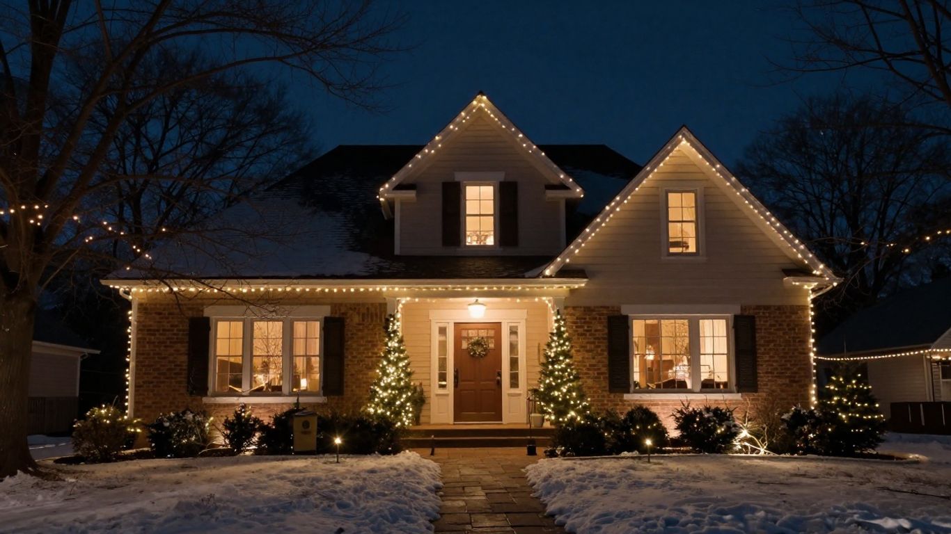 O'Fallon home with permanent Christmas lights at night.